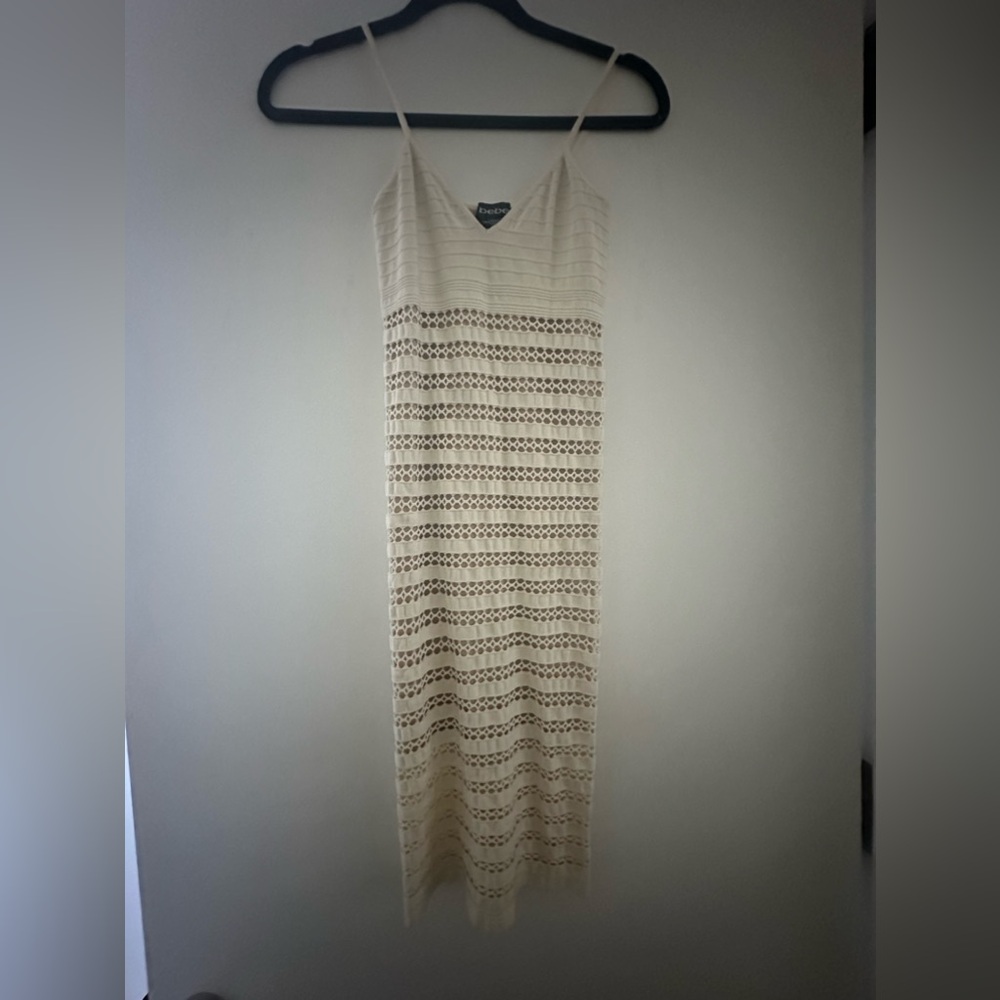 BEBE bodycon midi dress with nude under layer and cutouts!